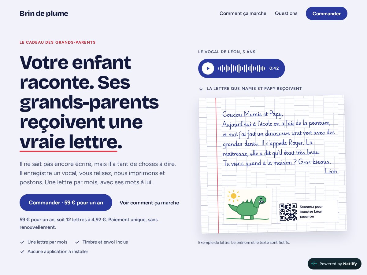 Landing-page snapshot of brindeplume.com