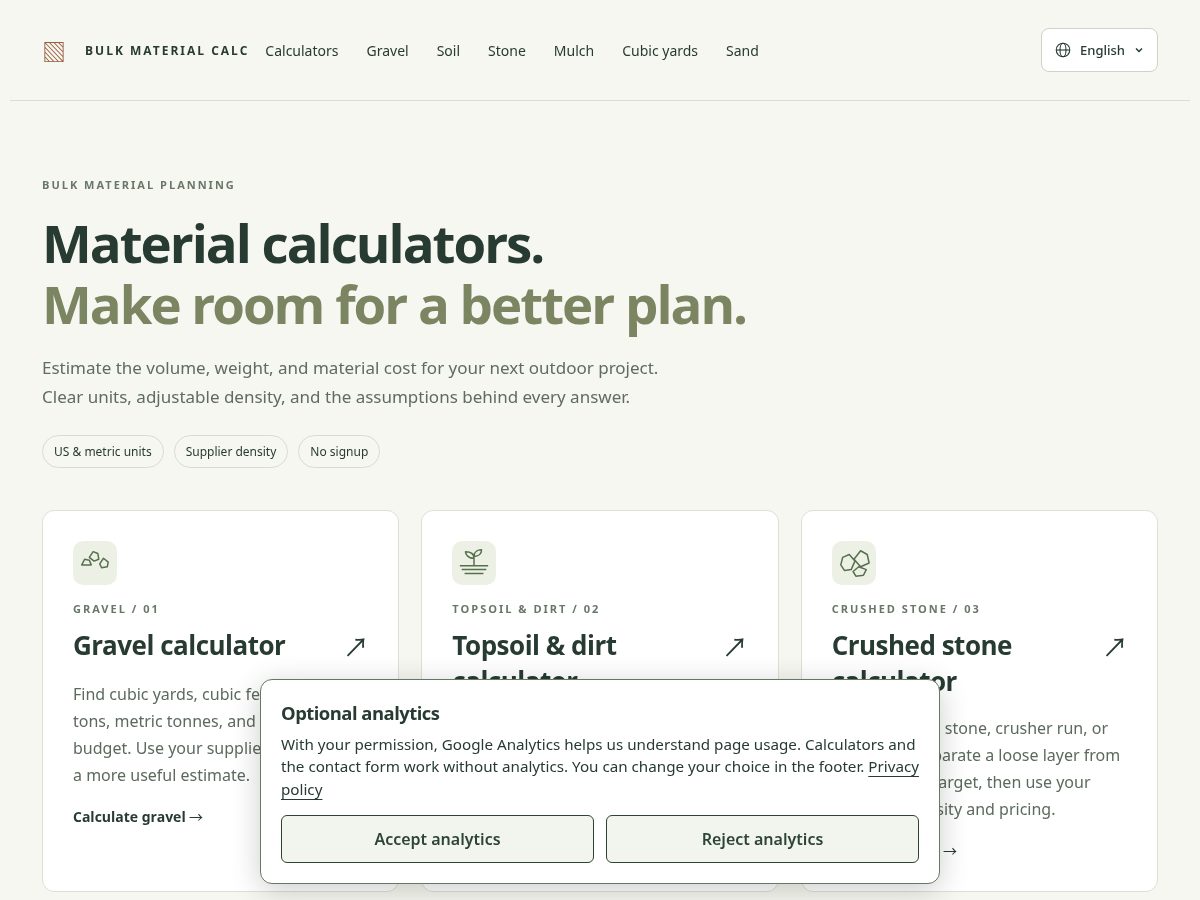 Landing-page snapshot of bulkmaterialcalc.com