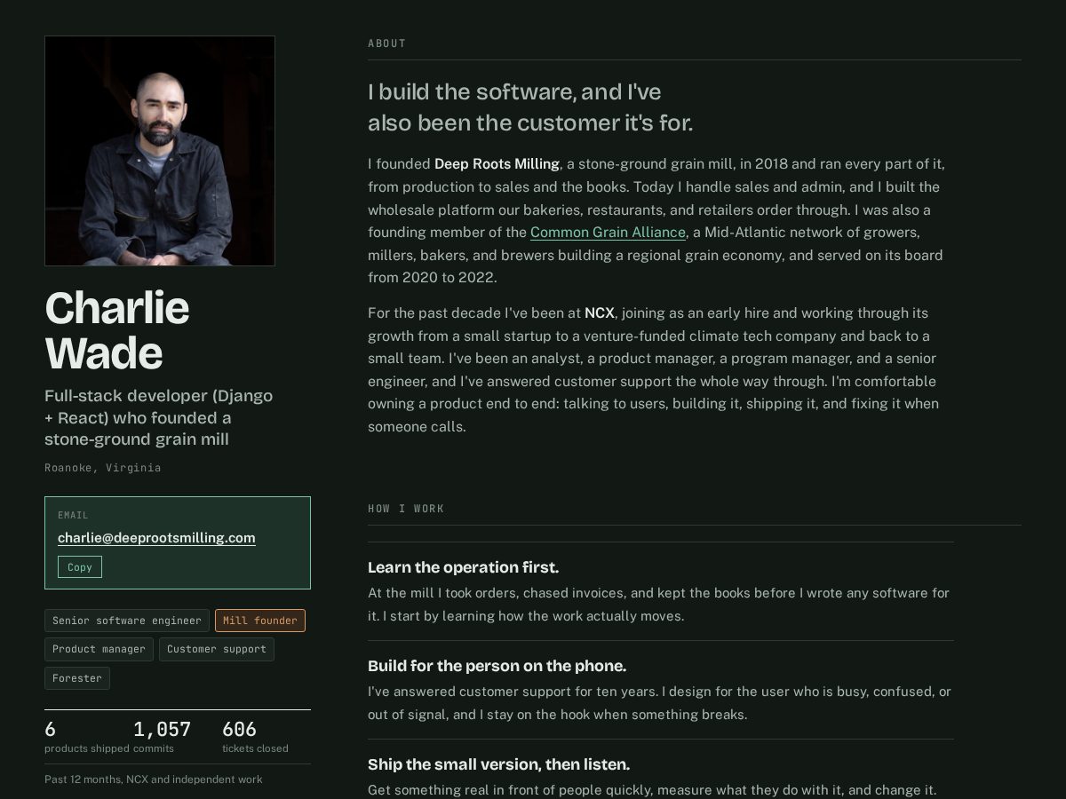 Landing-page snapshot of charlie-wade.com
