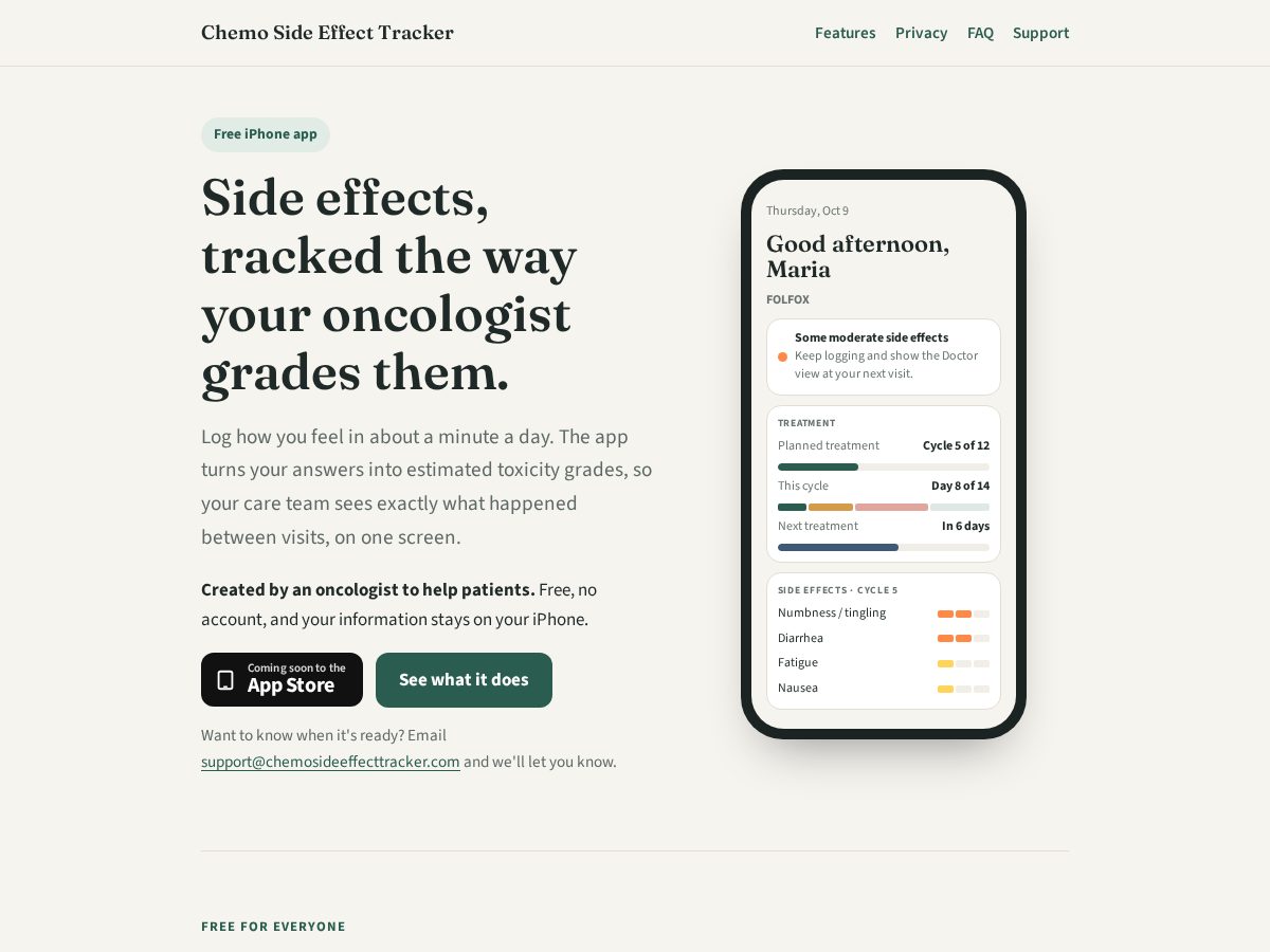Landing-page snapshot of chemosideeffecttracker.com