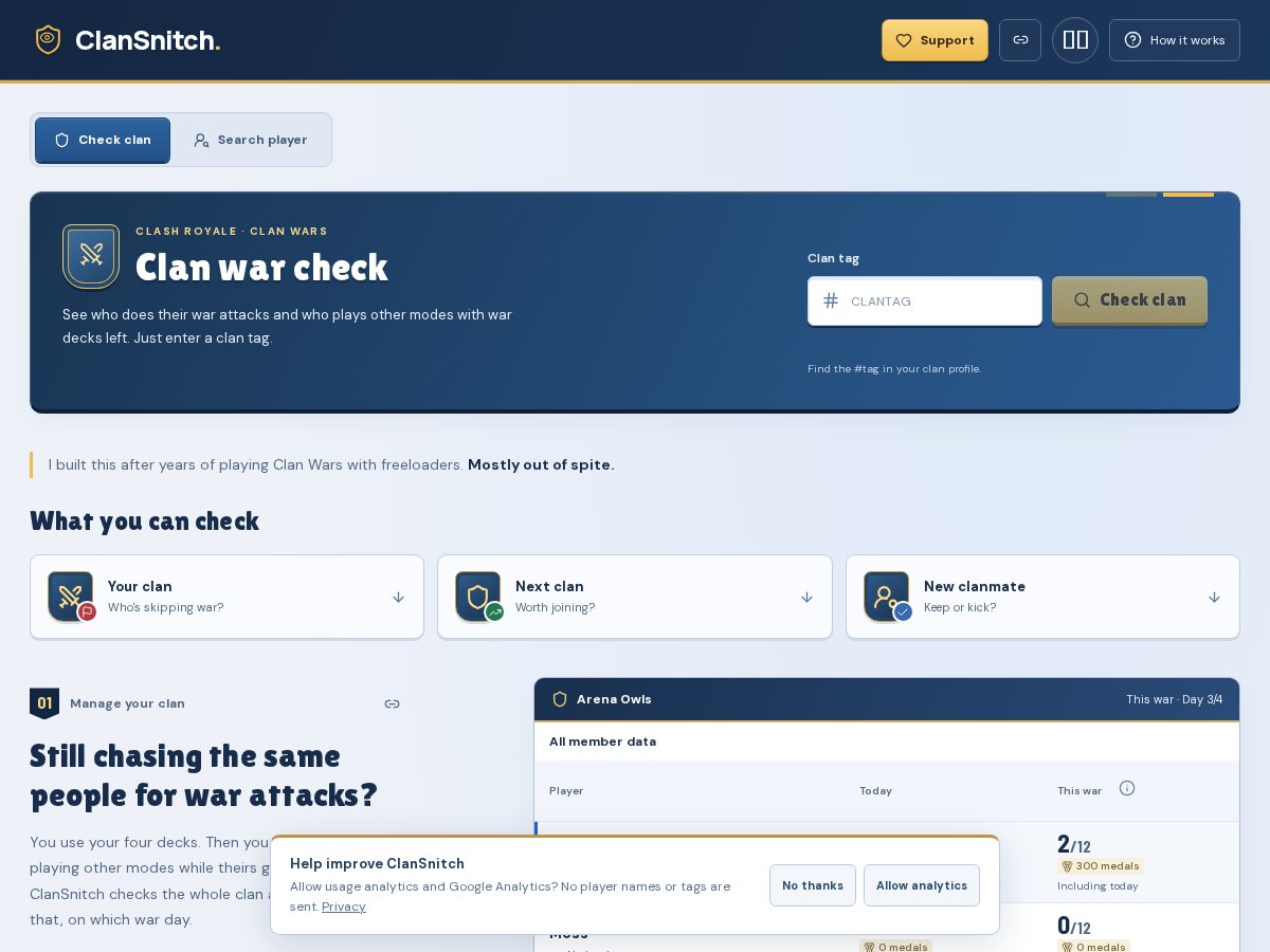 Landing-page snapshot of clansnitch.com