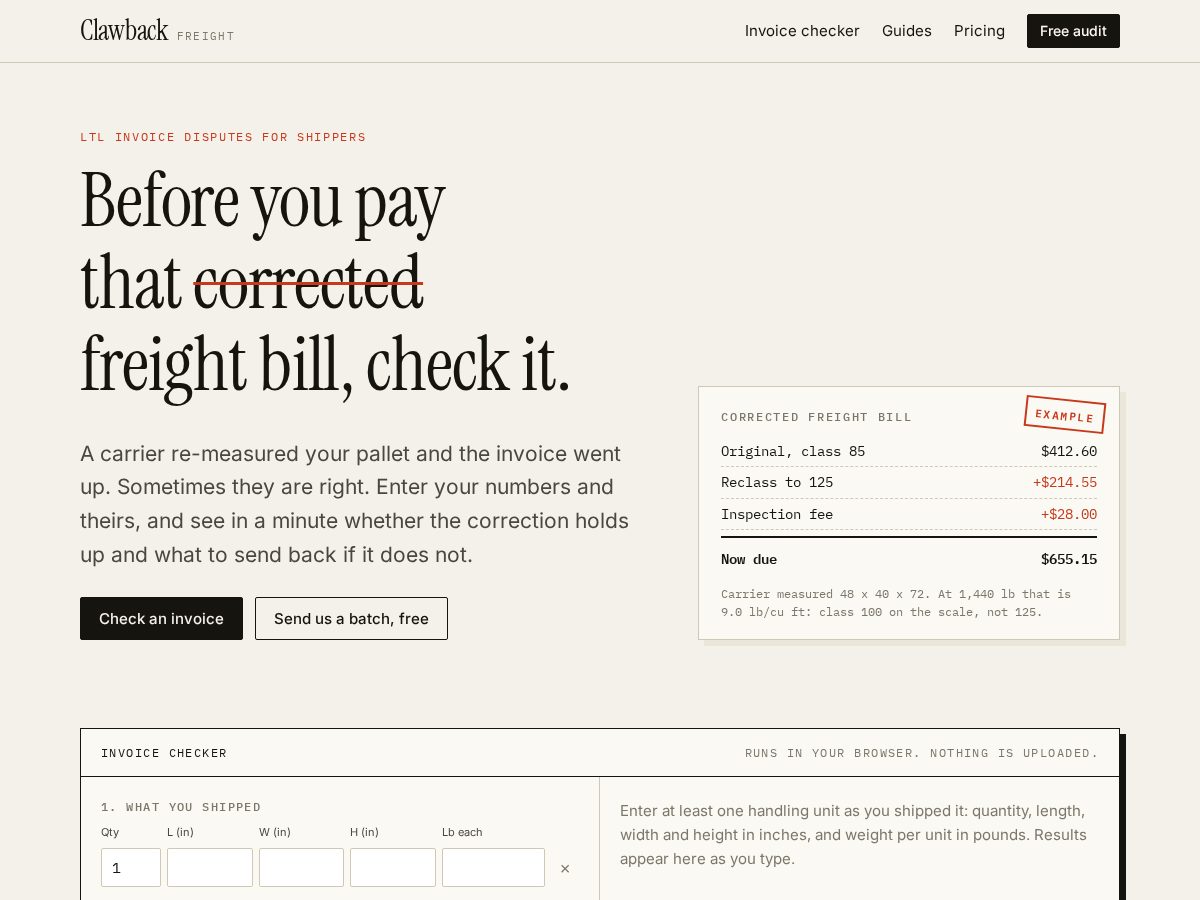 Landing-page snapshot of clawbackfreight.com