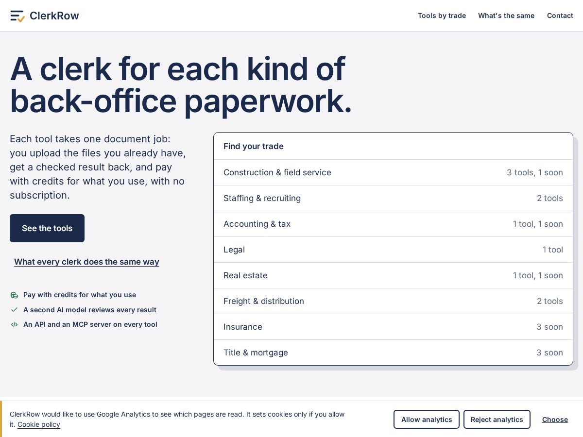 Landing-page snapshot of clerkrow.com