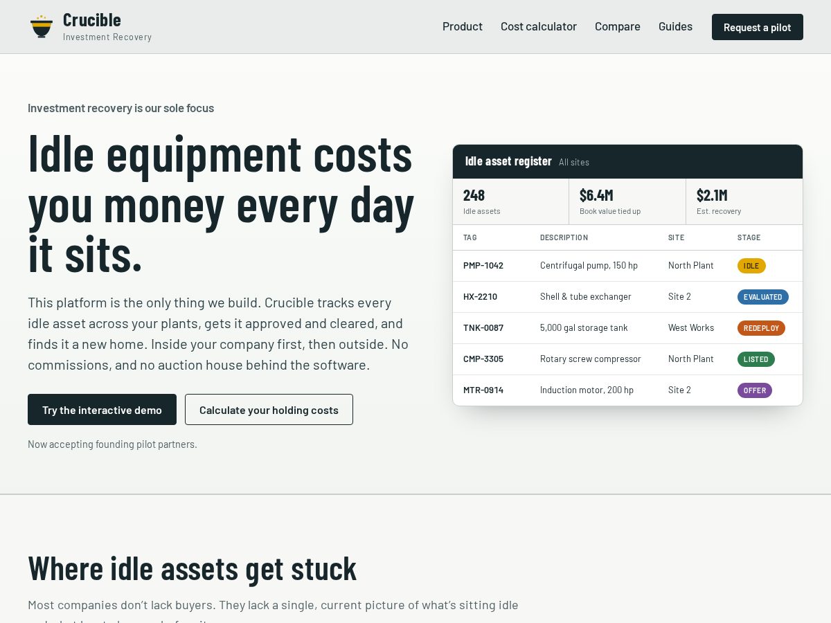 Landing-page snapshot of crucibleir.com