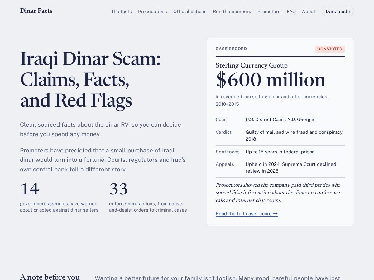 Landing-page snapshot of dinarfacts.com