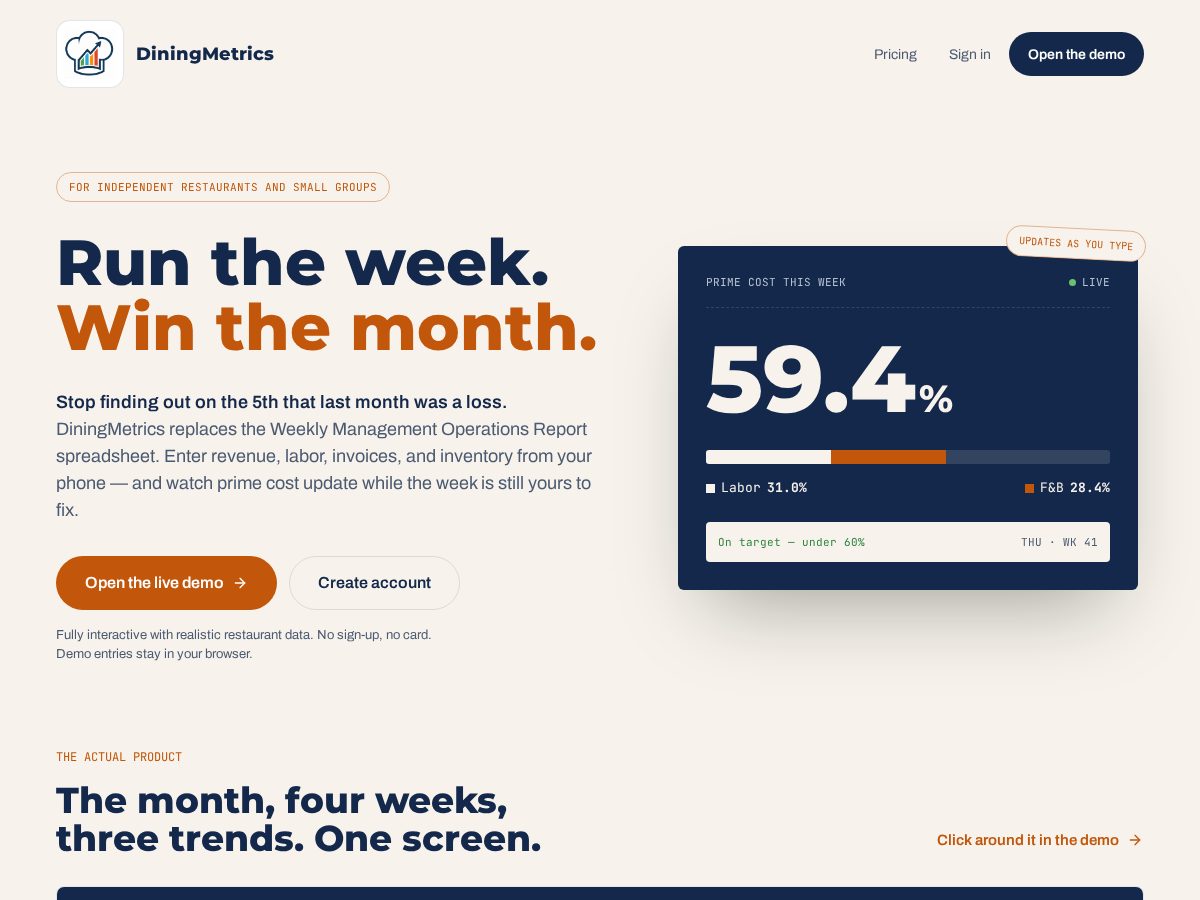 Landing-page snapshot of diningmetrics.net
