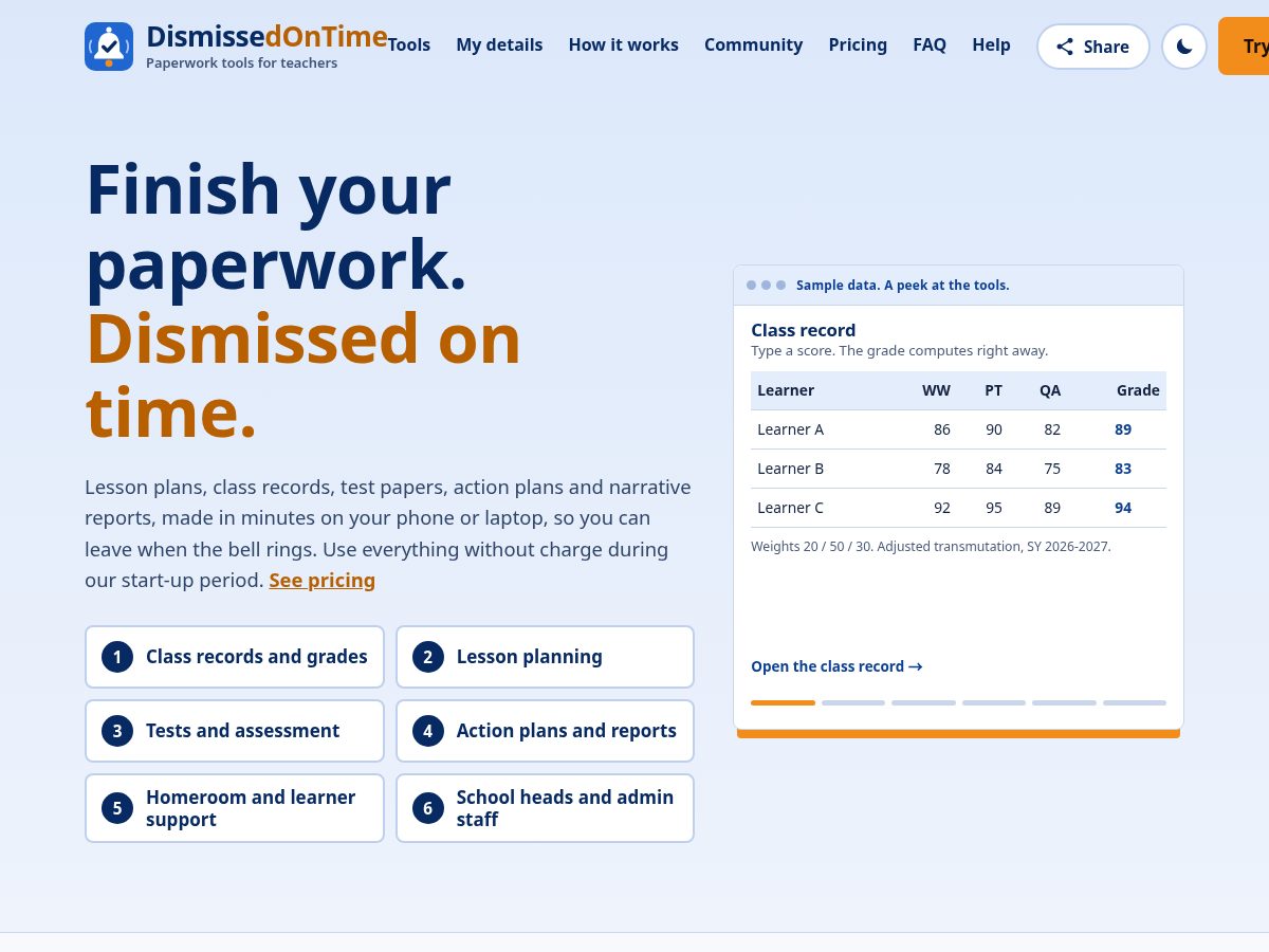 Landing-page snapshot of dismissedontime.com