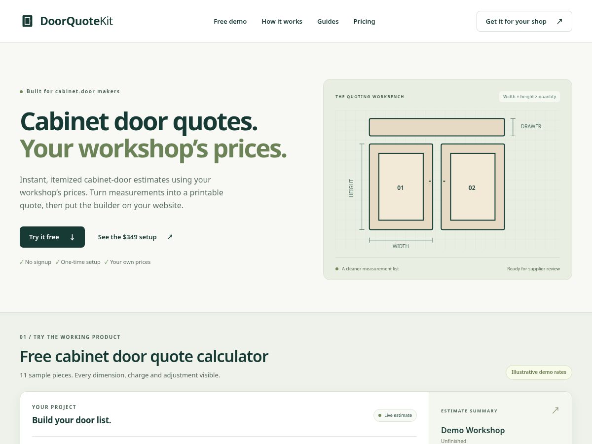 Landing-page snapshot of doorquotekit.com