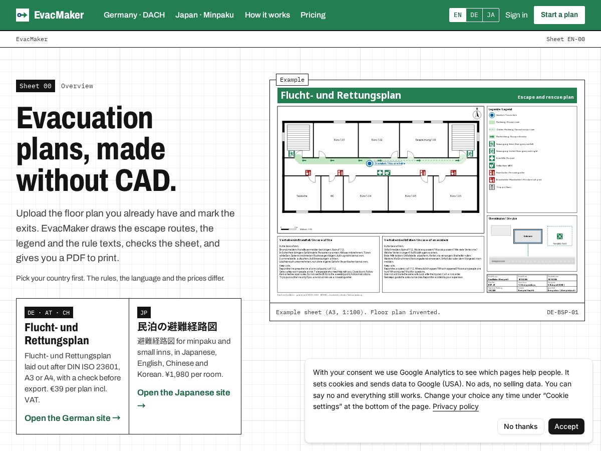 Landing-page snapshot of evacmaker.com