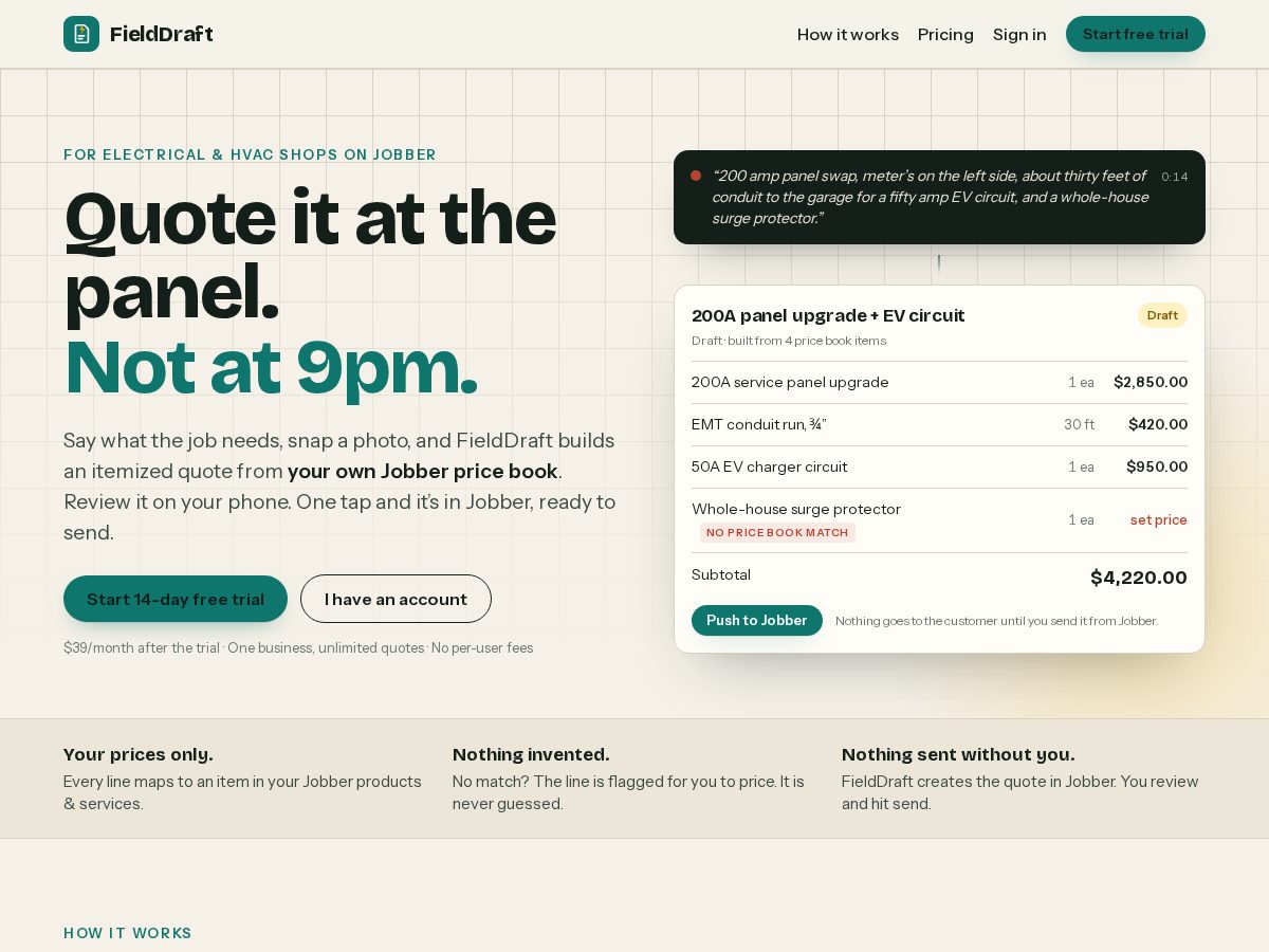 Landing-page snapshot of fielddraftapp.com