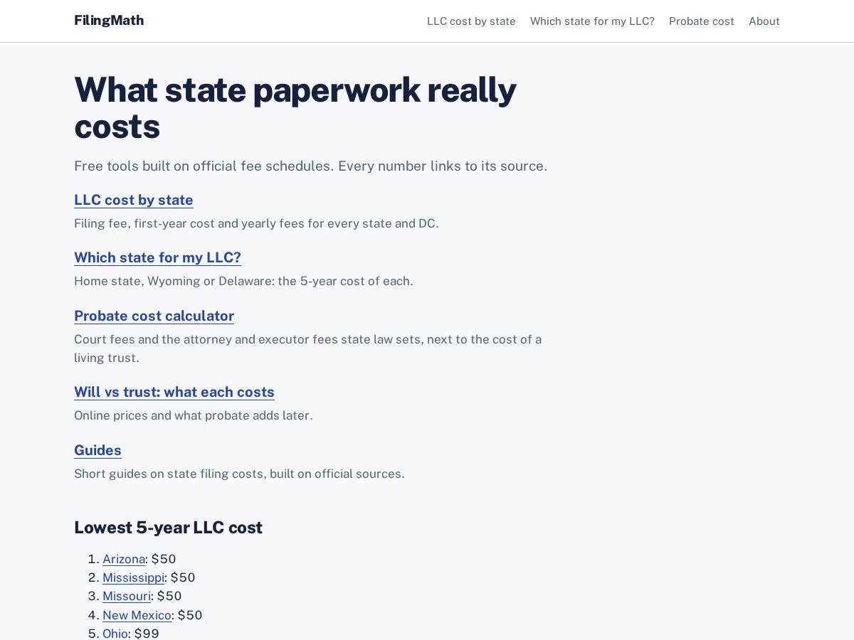 Landing-page snapshot of filingmath.com