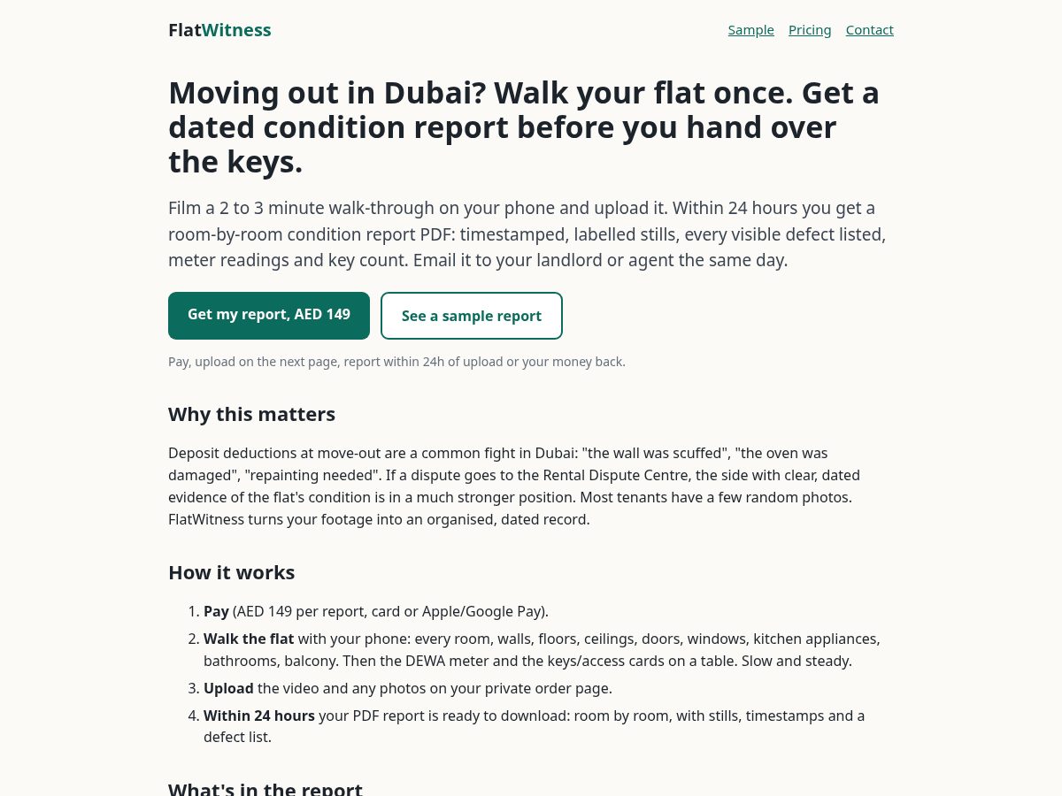 Landing-page snapshot of flatwitness.com