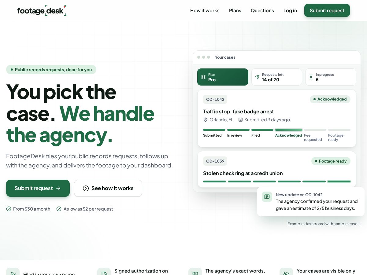 Landing-page snapshot of footagedesk.com