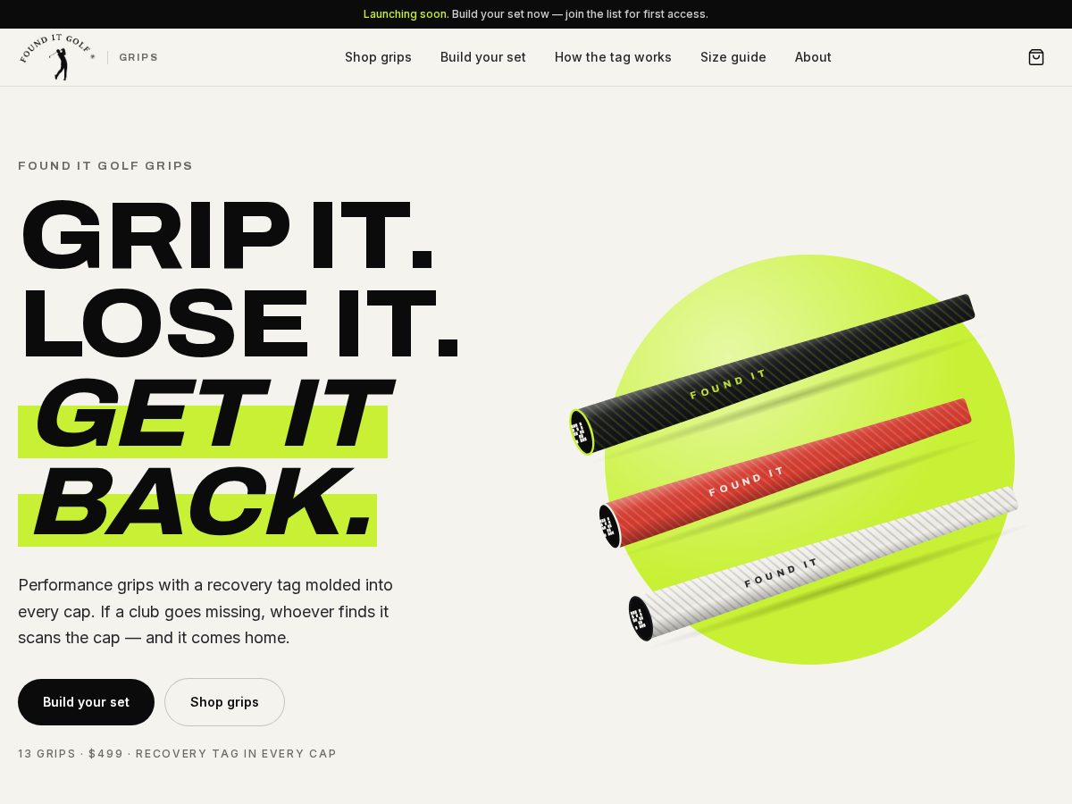 Landing-page snapshot of founditgrips.com