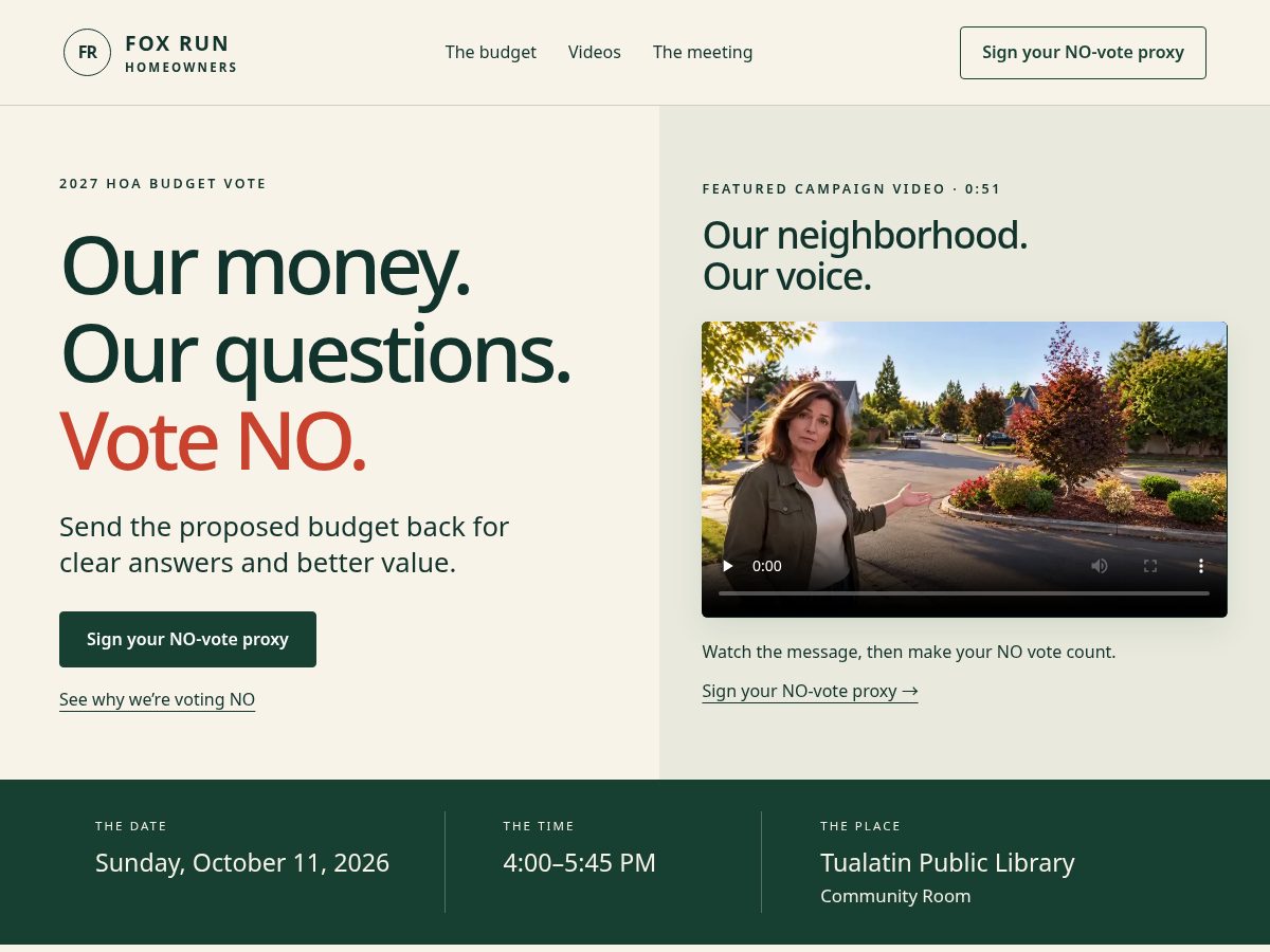 Landing-page snapshot of foxrunvoteno.com