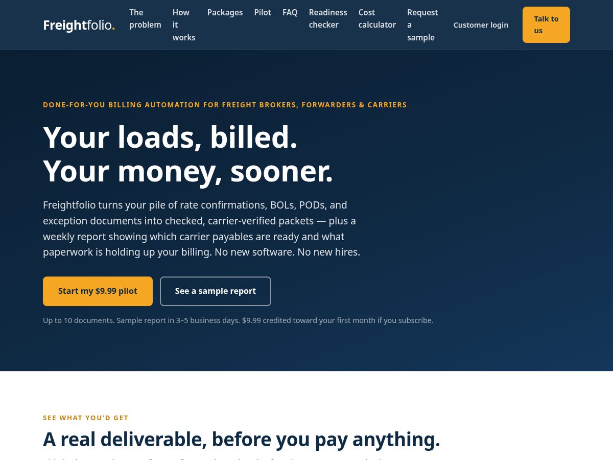 Landing-page snapshot of freightfolio.net