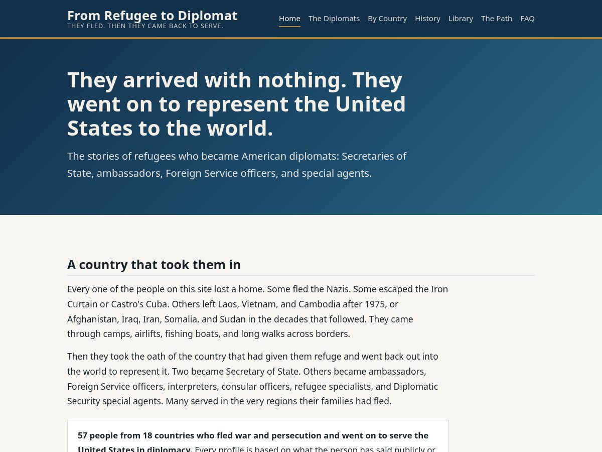 Landing-page snapshot of fromrefugeetodiplomat.org