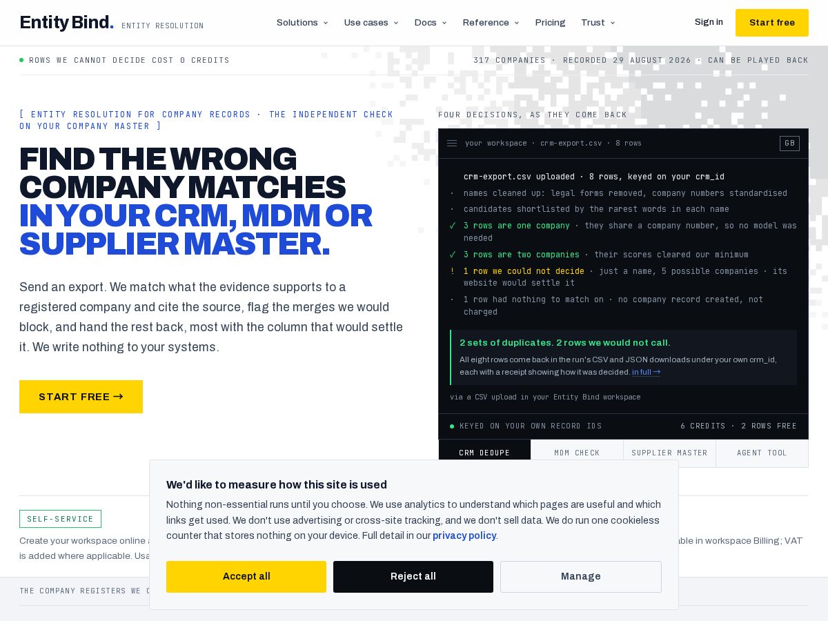 Landing-page snapshot of getentitybind.com