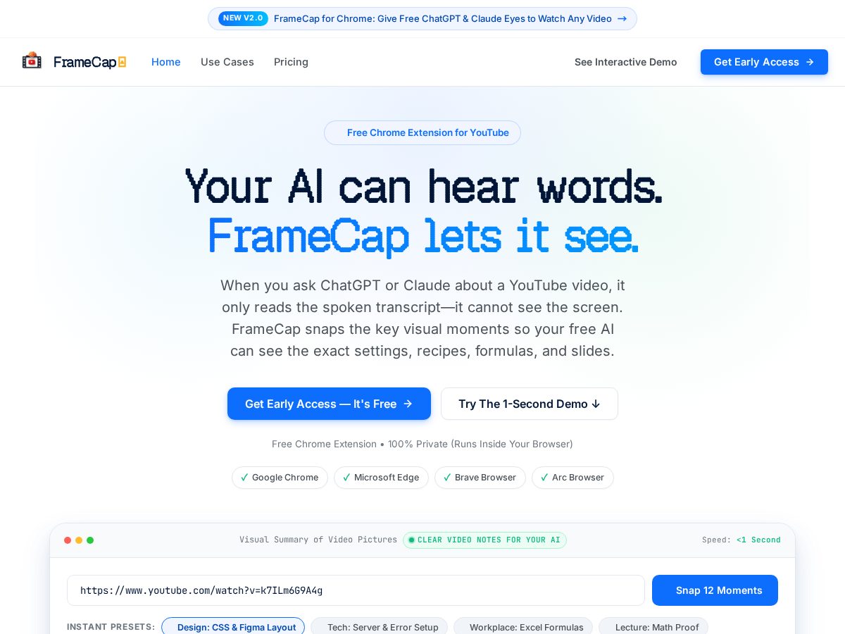 Landing-page snapshot of getframecap.com