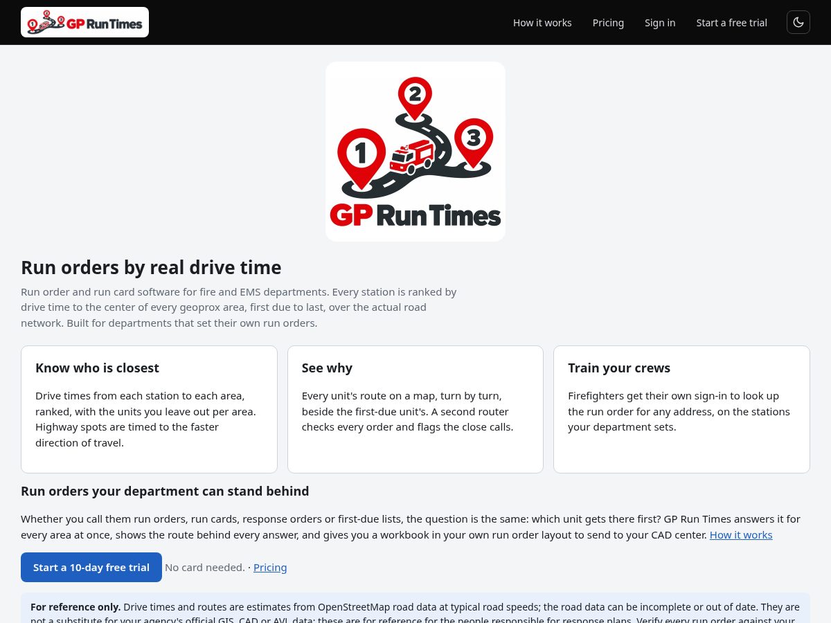 Landing-page snapshot of gpruntimes.com