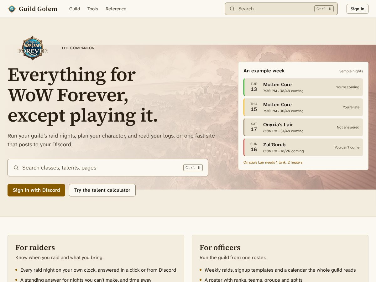 Landing-page snapshot of guildgolem.com