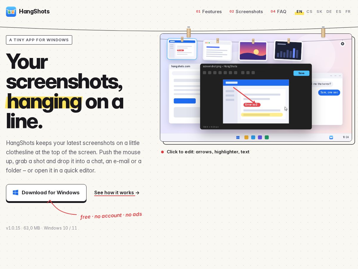 Landing-page snapshot of hangshots.com