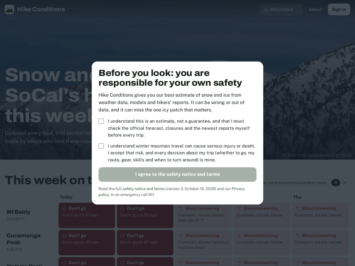Landing-page snapshot of hikeconditions.com