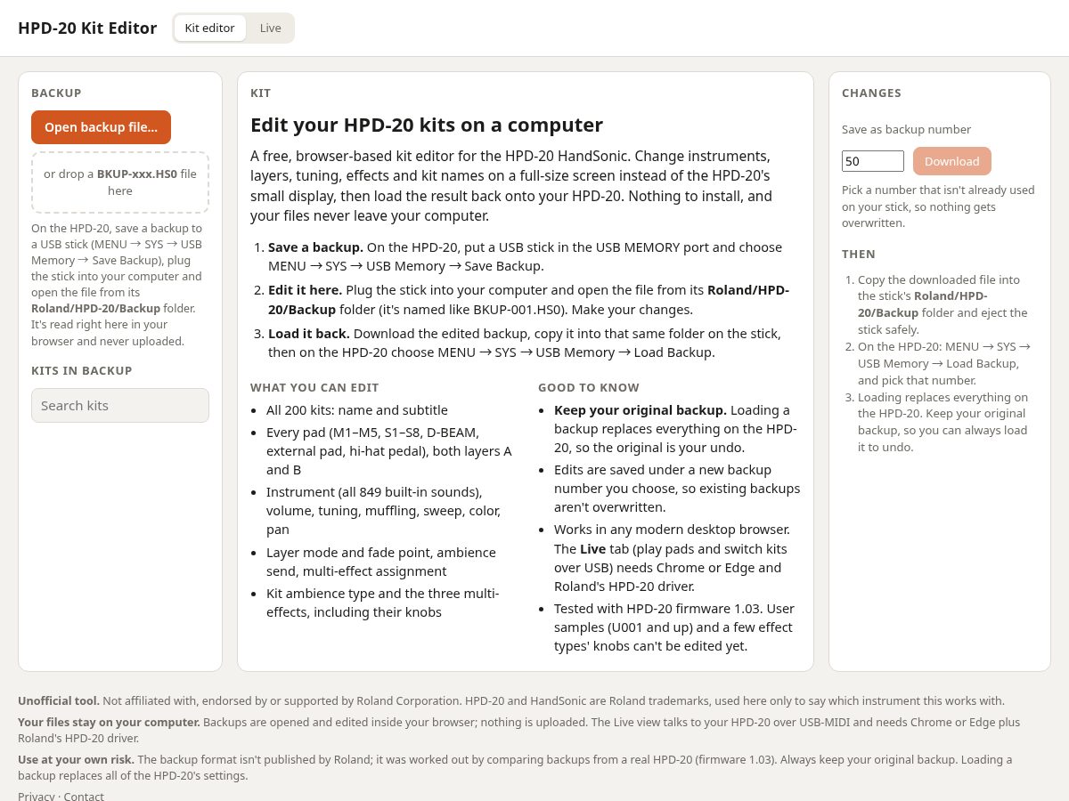 Landing-page snapshot of hpd20editor.com