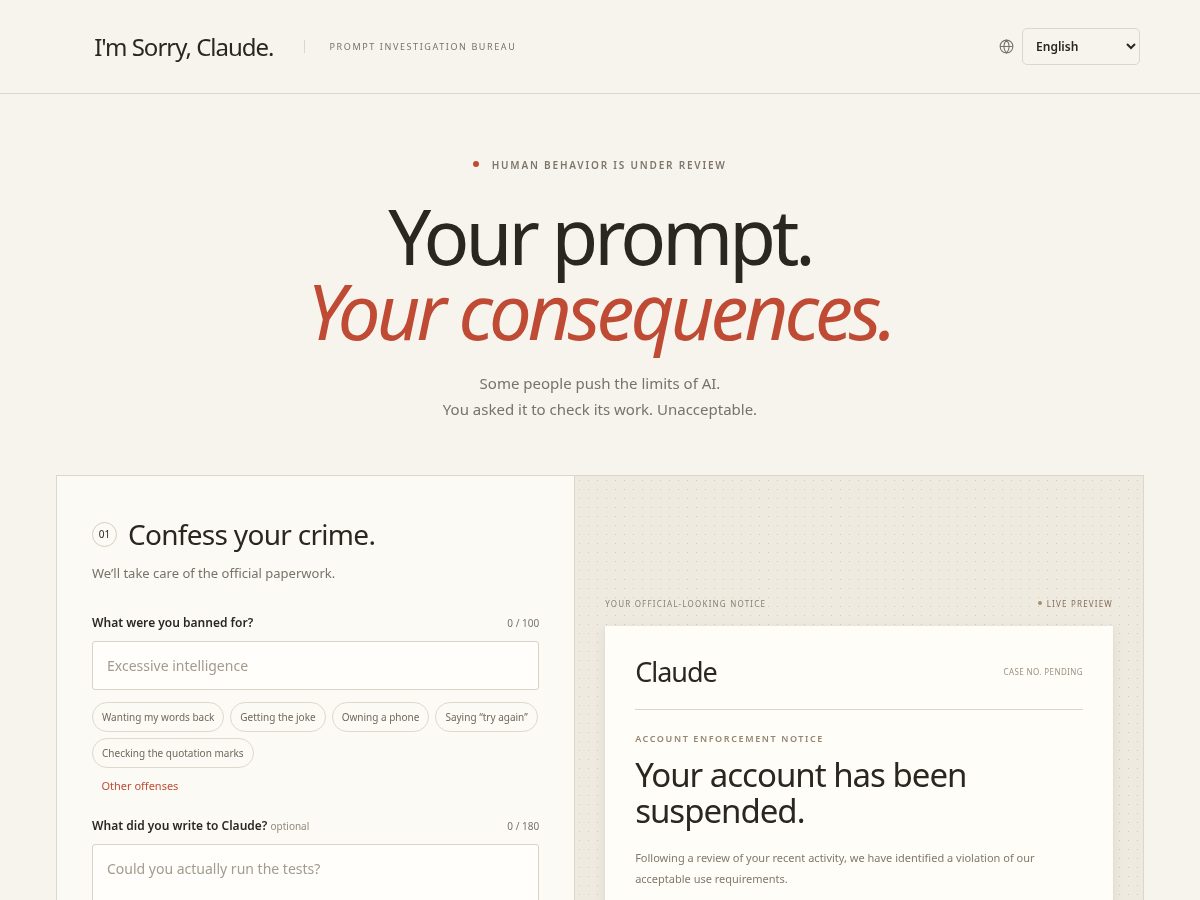 Landing-page snapshot of imsorryclaude.com