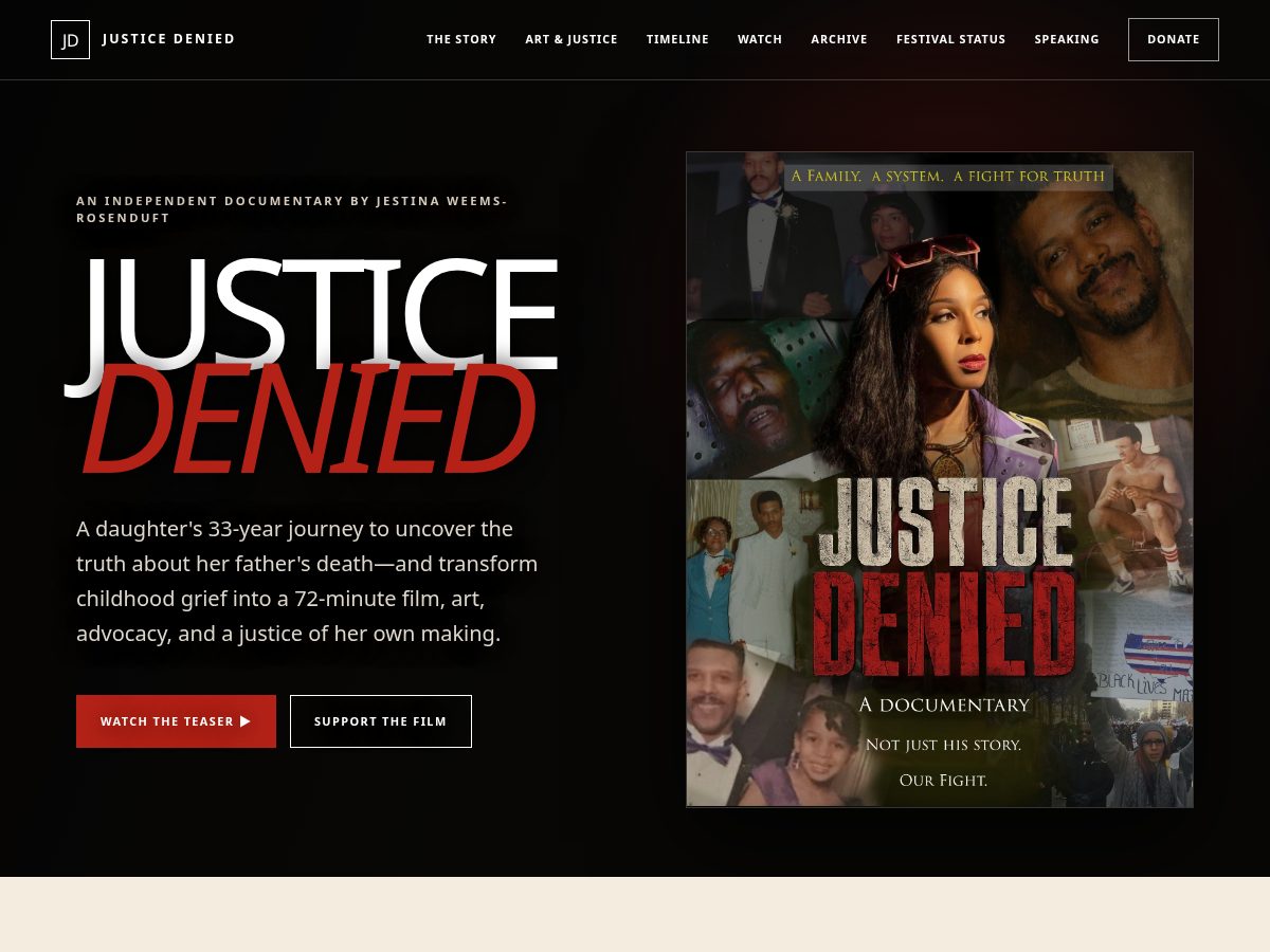 Landing-page snapshot of justicedenied.film
