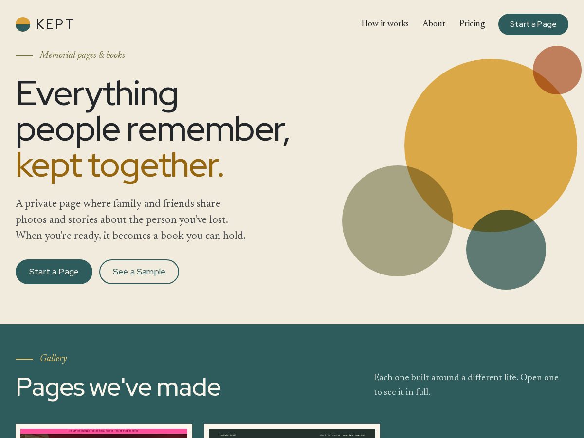 Landing-page snapshot of keptinmemory.com