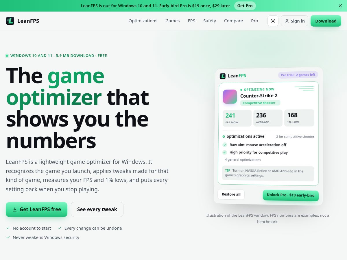 Landing-page snapshot of leanfps.com