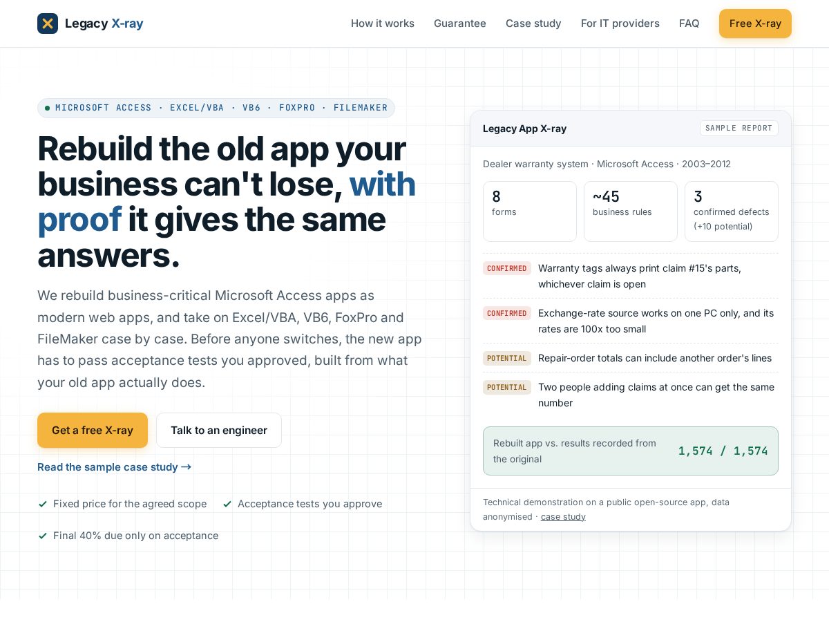 Landing-page snapshot of legacyxray.com