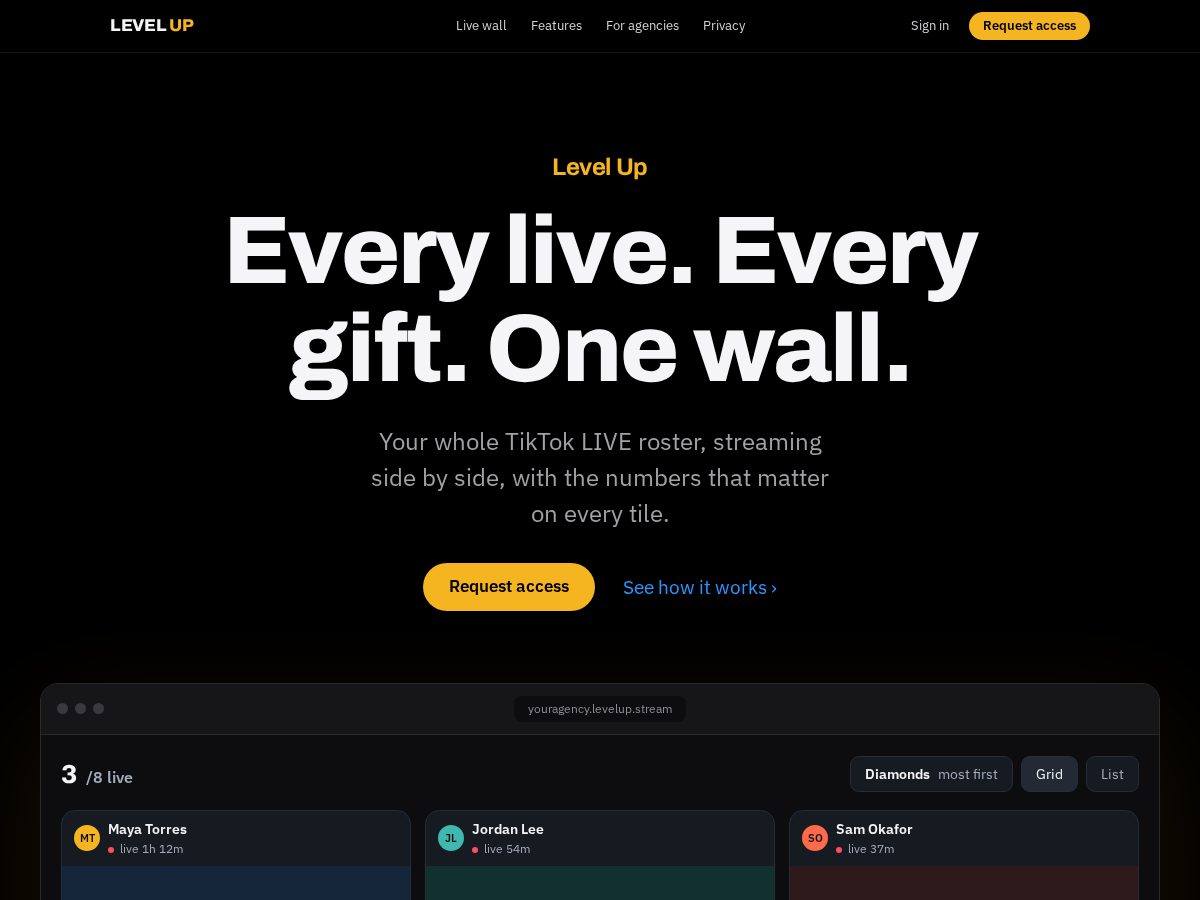 Landing-page snapshot of levelup.stream