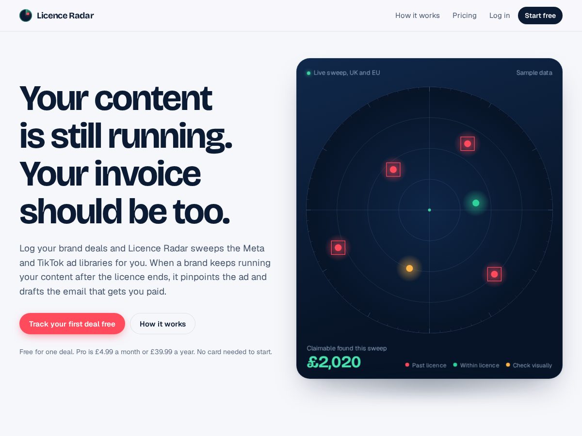 Landing-page snapshot of licenceradar.com