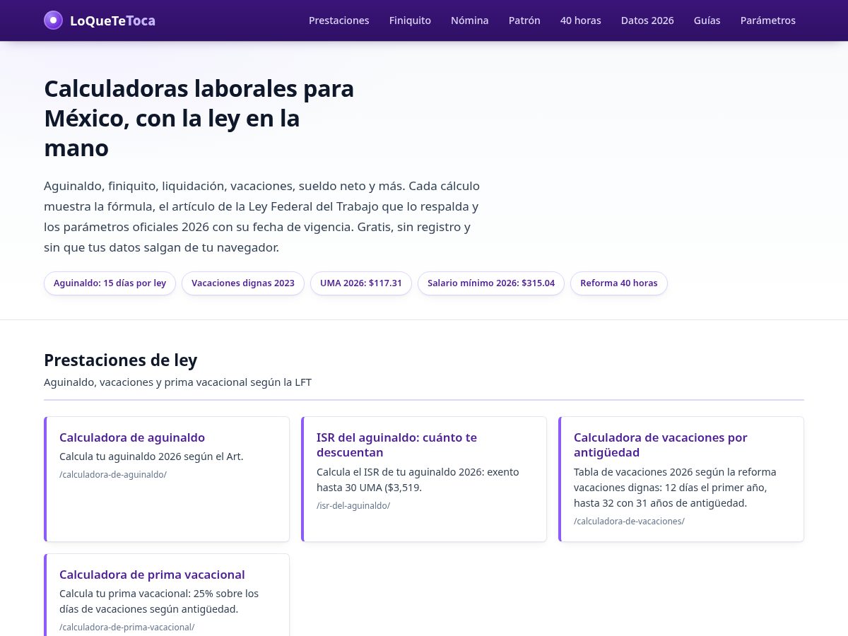 Landing-page snapshot of loquetetoca.com