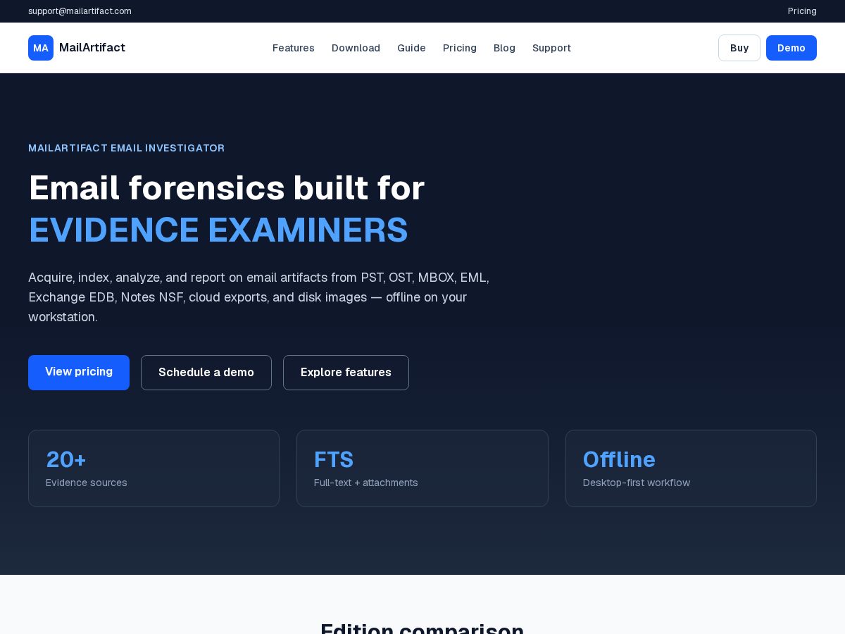 Landing-page snapshot of mailartifact.com