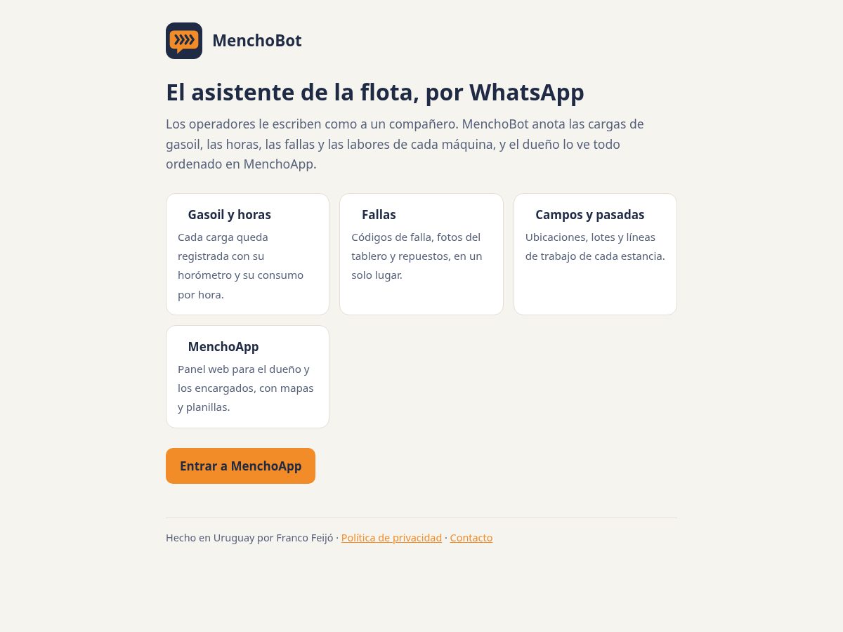 Landing-page snapshot of menchobot.com