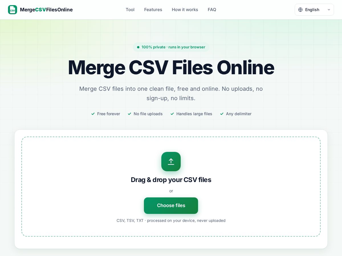 Landing-page snapshot of mergecsvfilesonline.com