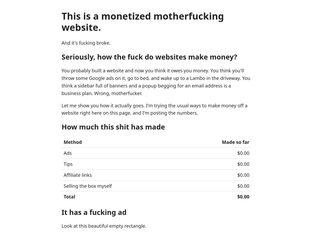 Landing-page snapshot of monetizedmotherfuckingwebsite.com