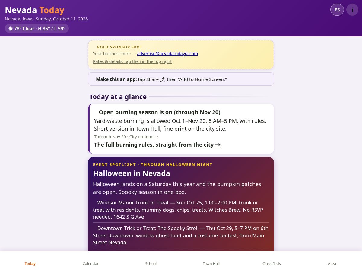 Landing-page snapshot of nevadatodayia.com