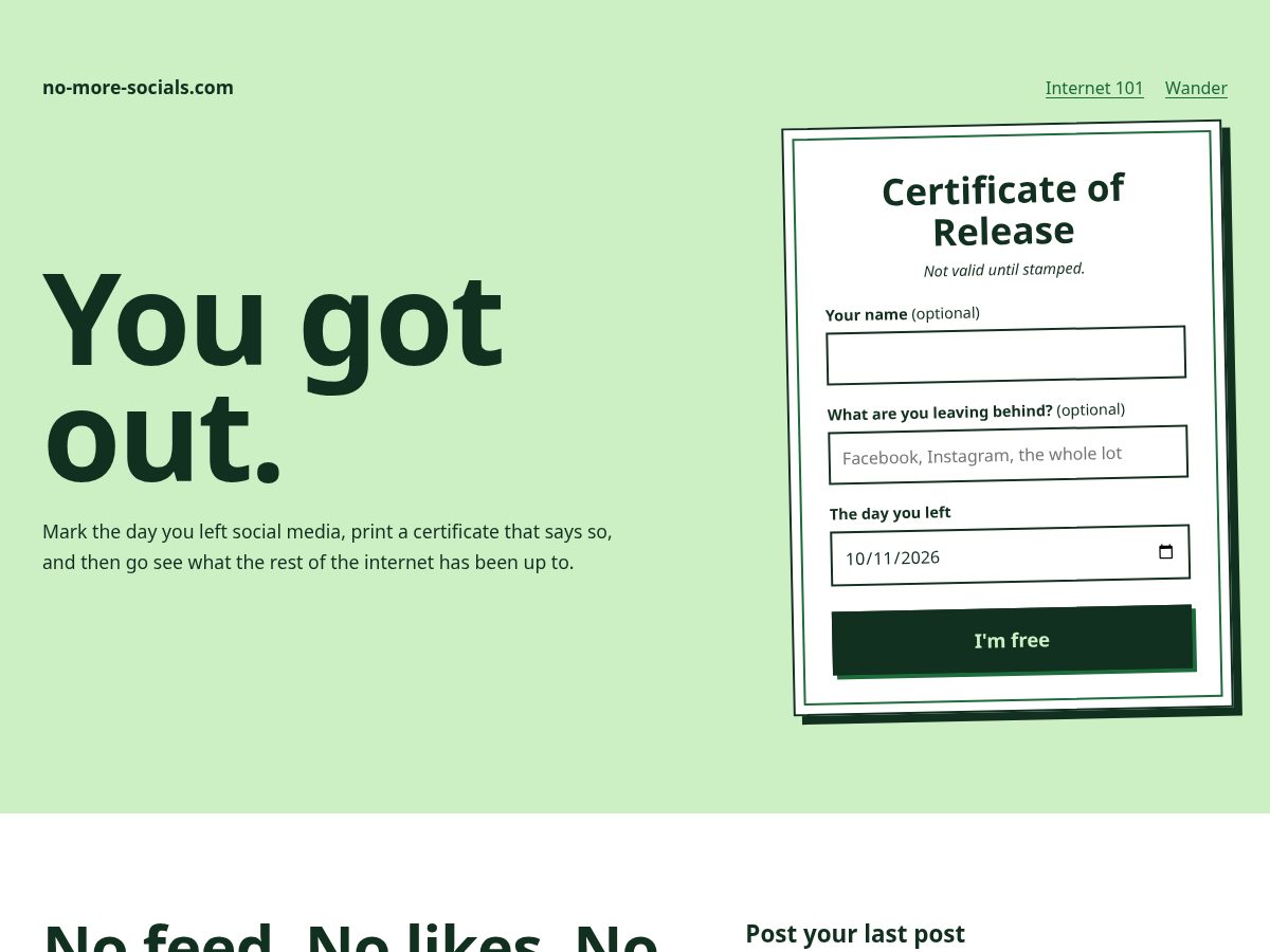 Landing-page snapshot of no-more-socials.com