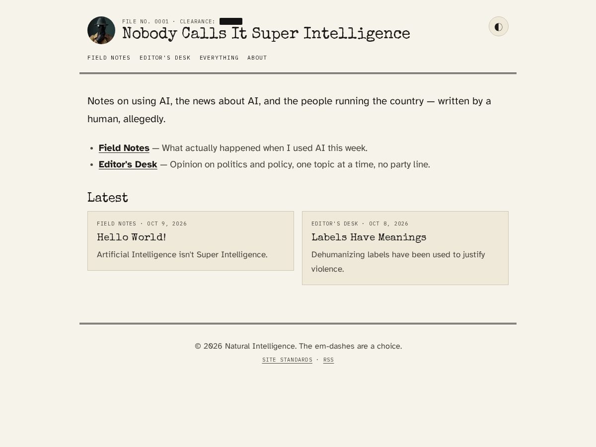 Landing-page snapshot of nobodycallsitsuperintelligence.com