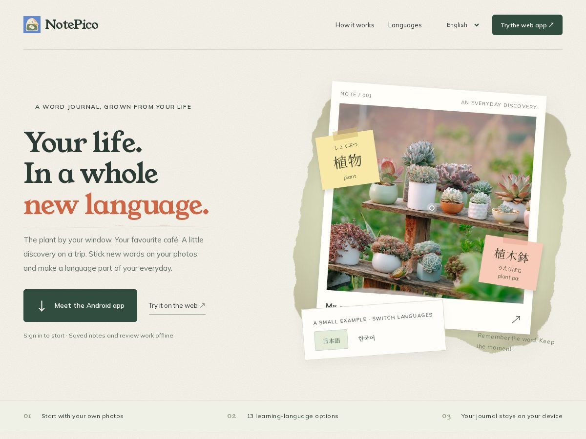 Landing-page snapshot of notepico.space