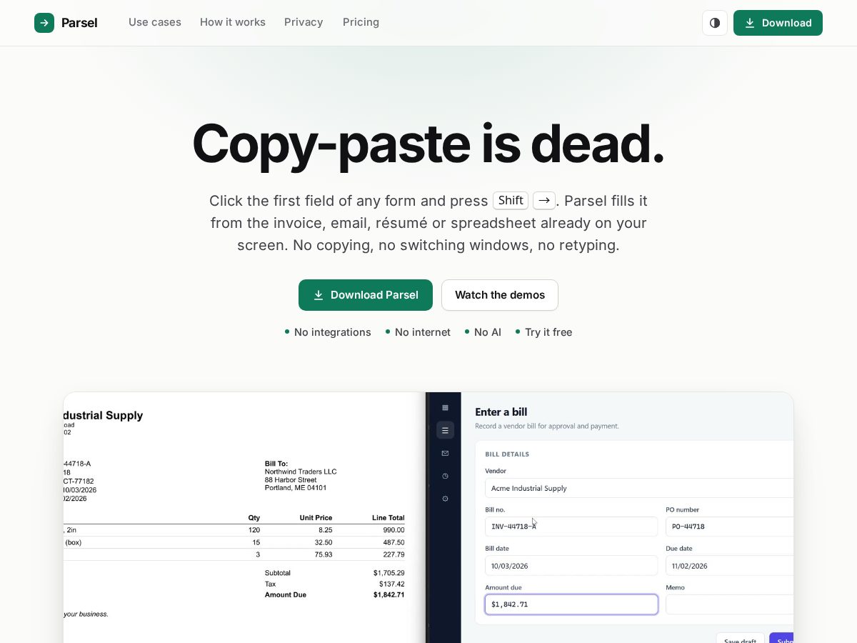 Landing-page snapshot of parsel.tools