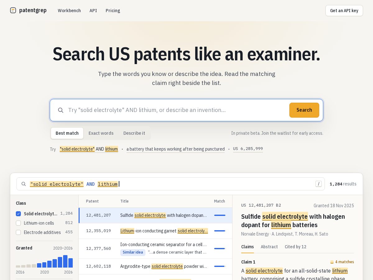 Landing-page snapshot of patentgrep.com