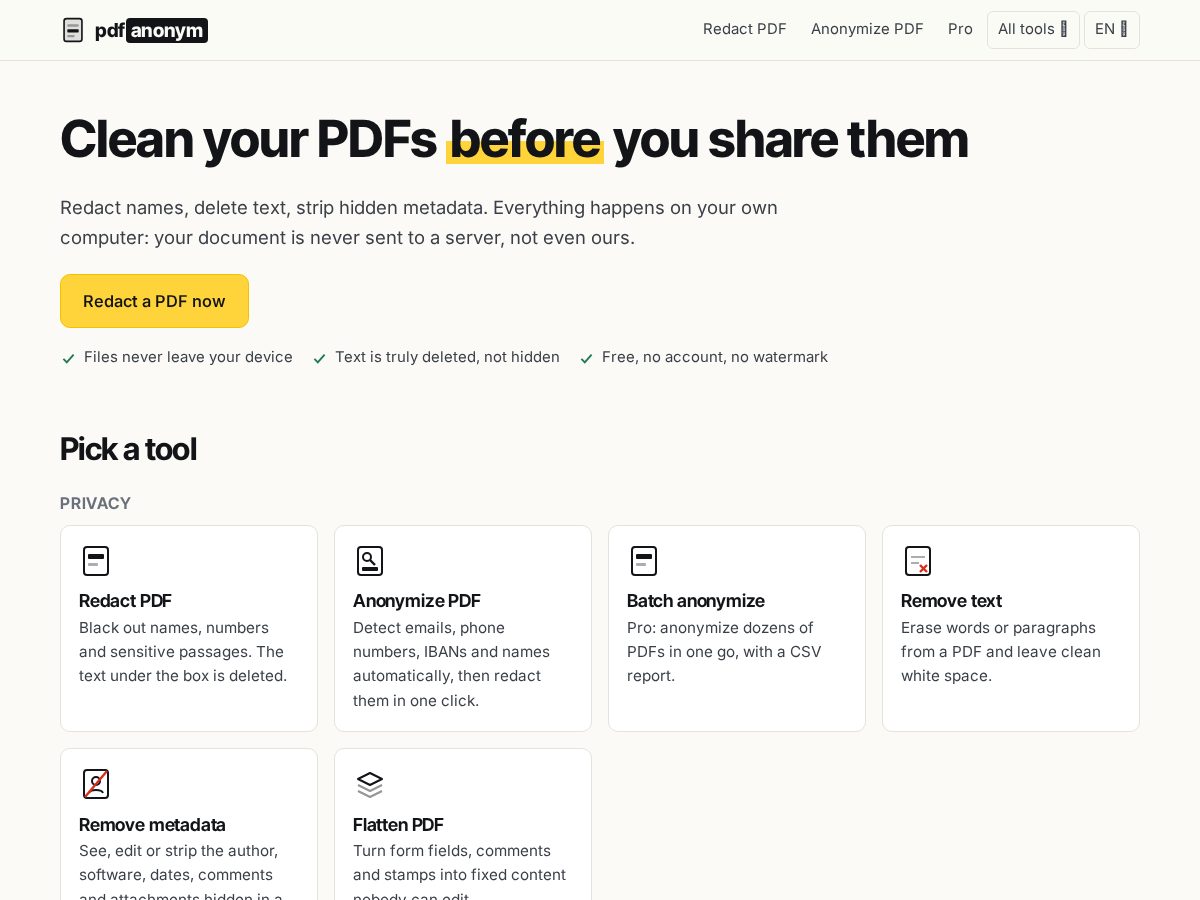 Landing-page snapshot of pdfanonym.com