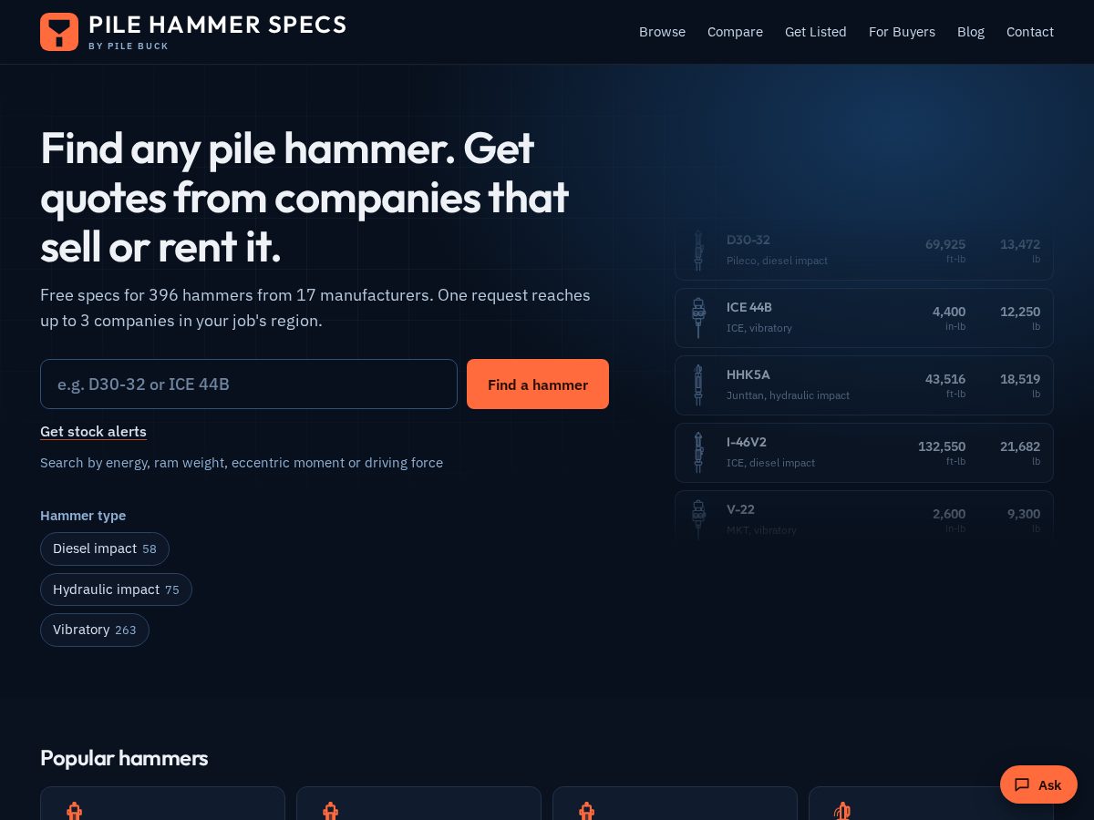 Landing-page snapshot of pilehammerspec.com