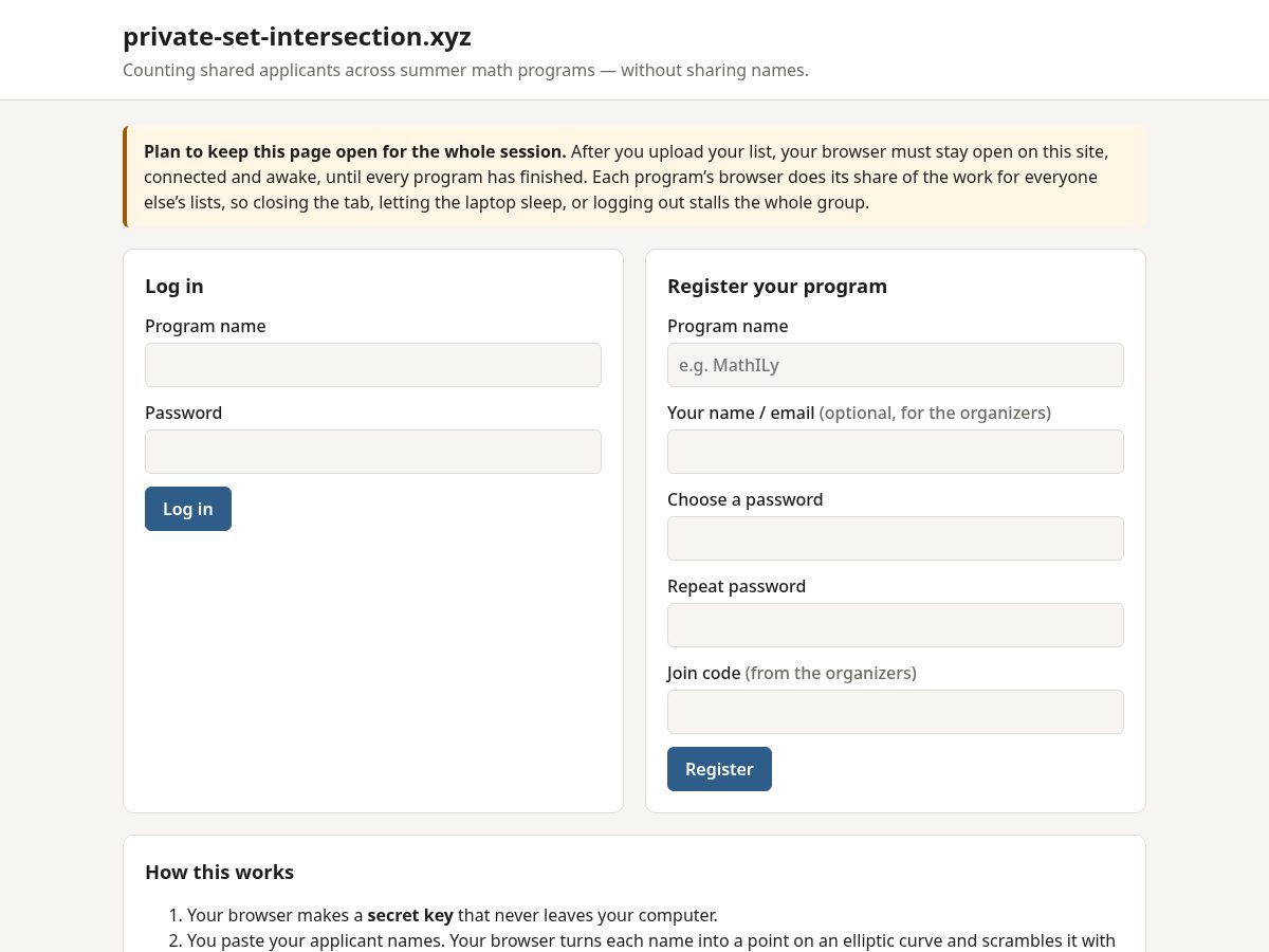 Landing-page snapshot of private-set-intersection.xyz