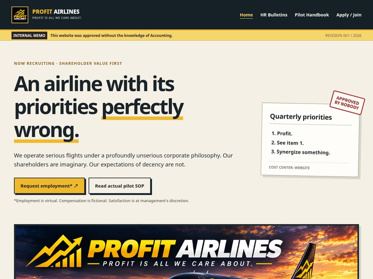 Landing-page snapshot of profitairlines.fun